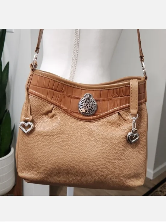 Brighton Pebbled Leather Crocodile Embossed Shoulder Handbag Purse Brown Camel - Picture 1 of 17